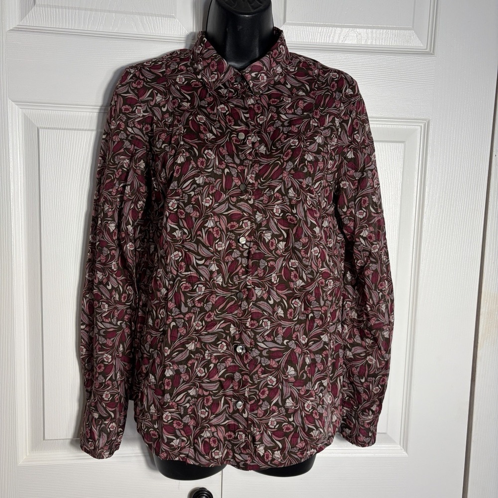 Vintage Banana Republic 100% Cotton Blouse Women S Plum Botanical Floral 90s Top